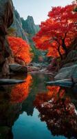 Stunning autumn colors reflect in tranquil water surrounded by rocky cliffs in a serene natural landscape photo