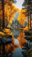 Stunning autumn landscape with golden trees reflecting in calm water near serene lake in the afternoon light photo