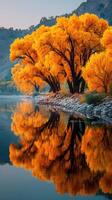 Vibrant autumn trees reflect in tranquil river at sunrise photo
