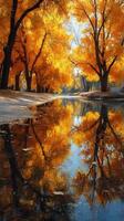 Autumn leaves reflect in calm water along a serene river during a sunny afternoon in early fall photo