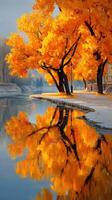 Vibrant autumn trees reflect in calm waters along a serene riverside path in a peaceful natural setting photo