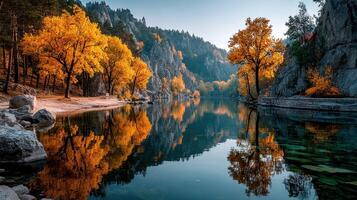 Vibrant autumn foliage reflecting on a calm river in a serene natural landscape during the golden hour photo