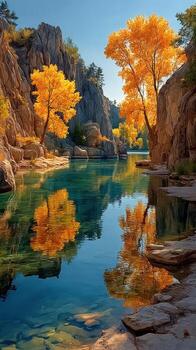 Colorful autumn trees reflect in calm waters of a serene river surrounded by rocky cliffs during a sunny day photo