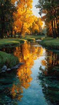 Autumn colors reflect in a serene river surrounded by golden trees in a peaceful park setting photo