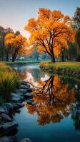 Autumn trees reflect in calm water, creating a picturesque scene in a tranquil park during early morning hours photo