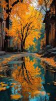 Golden autumn foliage reflects in a tranquil puddle on an urban street in a serene neighborhood setting photo