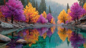 Vibrant autumn landscape with colorful trees reflecting in serene water at tranquil lakeside photo
