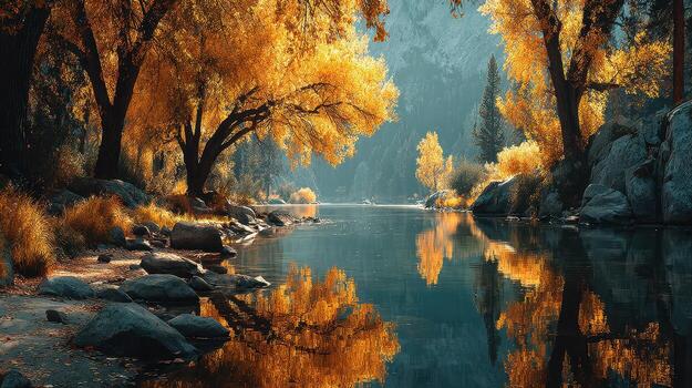 Golden autumn leaves reflect in calm waters of a tranquil river surrounded by majestic trees and mountains photo