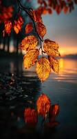 Golden leaves reflect in calm water at sunset in a serene landscape photo