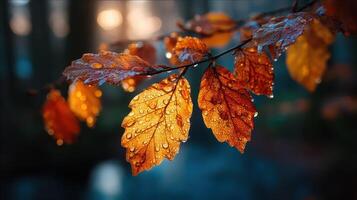 Autumn leaves glisten with droplets in a serene forest setting during the early morning light photo