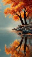 Autumn trees by a tranquil lake reflecting vibrant orange foliage in a serene landscape photo