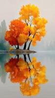 Vibrant autumn trees reflecting on calm water in serene landscape during early morning light photo