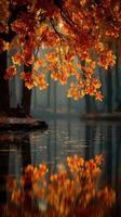 Vibrant autumn leaves reflect in a tranquil pond surrounded by a misty forest at dawn photo