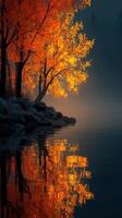 Autumn trees reflect on calm water at sunrise illuminating the serene landscape photo