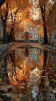 Autumn leaves reflect beautifully in serene water near an enchanting house in a peaceful setting photo