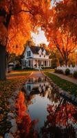 Charming house surrounded by vibrant autumn leaves near a serene pond during sunset in a rural setting photo