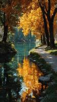 Beautiful autumn colors reflecting in a serene river with a tree-lined path beside it photo
