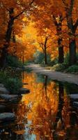 Autumn leaves create a stunning reflection along a peaceful creek in a quiet forest during late afternoon light photo