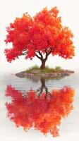 Vibrant red tree reflects beautifully on calm water at sunrise, creating a peaceful and serene natural landscape photo