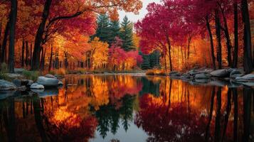 Colorful autumn landscape with vibrant trees reflecting in a calm lake during sunset photo