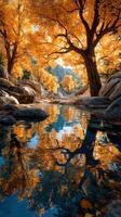 Autumn foliage reflects in tranquil waters of a serene forest landscape at midday photo