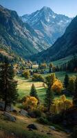 Mountain view showcasing autumn foliage in a serene valley under clear skies photo