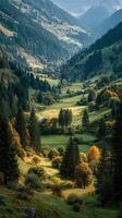 Cascading valleys surrounded by autumn foliage showcase tranquil beauty in the early morning light of the Swiss Alps photo