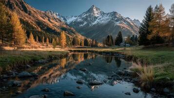 Majestic mountain view with autumn colors and clear reflection in tranquil river at sunset photo