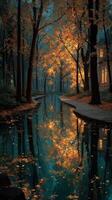 Tranquil autumn evening by a serene river surrounded by golden foliage and softly lit windows photo