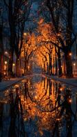 Autumn evening walk along illuminated tree-lined canal with reflections in water photo