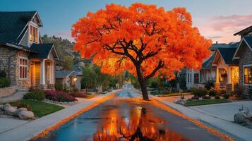 Vibrant autumn street lined with colorful homes and a striking orange tree at sunset photo