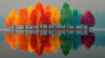 Colorful autumn trees reflecting in calm water on a tranquil lake during early morning photo