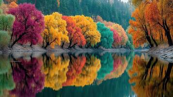 Colorful autumn trees reflecting on a calm river in a serene natural landscape photo