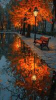 Stunning autumn park with glowing orange leaves and tranquil water reflections at dusk photo