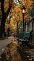 Autumn pathway with yellow leaves and vintage lamp post in a quiet park setting photo