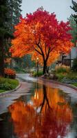 Vibrant autumn tree reflects in rain-soaked pathway at serene park during a cloudy day photo
