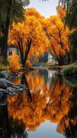 Bright autumn foliage reflects on calm water in a serene landscape setting during golden hour photo