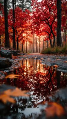 Autumn leaves reflect in a tranquil puddle along a winding forest path at sunrise