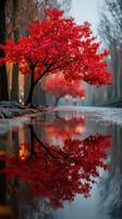 Vibrant red maple trees reflect in calm water during a serene autumn evening in the park photo