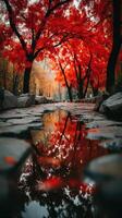 Vibrant red trees reflect in serene water during autumn at a tranquil park pathway photo