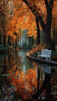 Vibrant autumn landscape with a serene lake reflecting colorful trees and a white bench in a tranquil setting photo