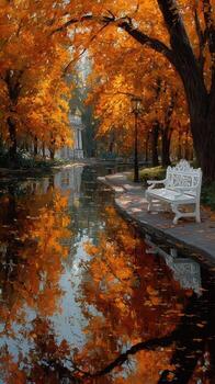 Autumn leaves reflect in water beside a white bench and historic structure in a tranquil park setting photo
