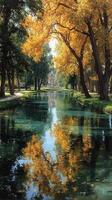 Autumn colors reflected in a serene canal surrounded by golden trees in a peaceful park setting photo