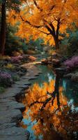 Vibrant autumn landscape featuring a picturesque stream and colorful foliage in a serene garden setting photo