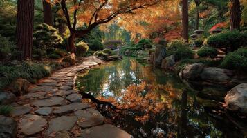 Serene autumn landscape with vibrant foliage reflected in tranquil water at a garden photo