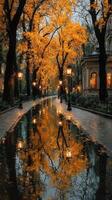 Autumn reflections on a tranquil street illuminated by vintage lamps in a city park during sunset photo