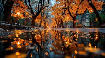 Autumn park pathway lined with golden trees reflecting on rainy pavement at dusk photo