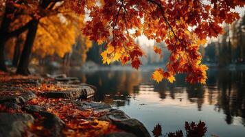 Autumn leaves reflect on a tranquil lake surrounded by vibrant trees in a serene setting during golden hour photo