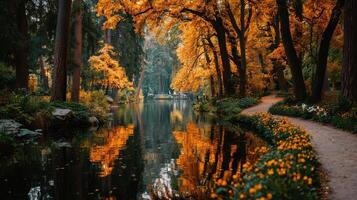 Colorful autumn landscape with tranquil water reflections in a serene park photo