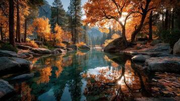 Beautiful autumn landscape with colorful trees reflecting in a serene river at sunset in a national park photo